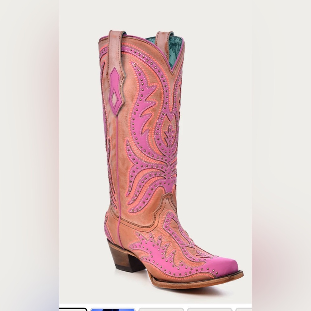 PINK FLUORESCENT EMBROIDERY AND STUDS SNIP TOE COWBOY BOOT - Picture 4 of 6